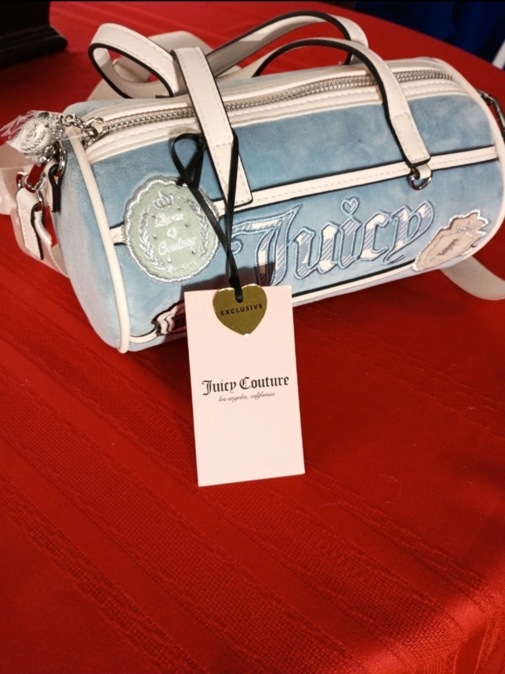 Juicy Couture Light Blue Suede Barrel Mini Bag with White Trim